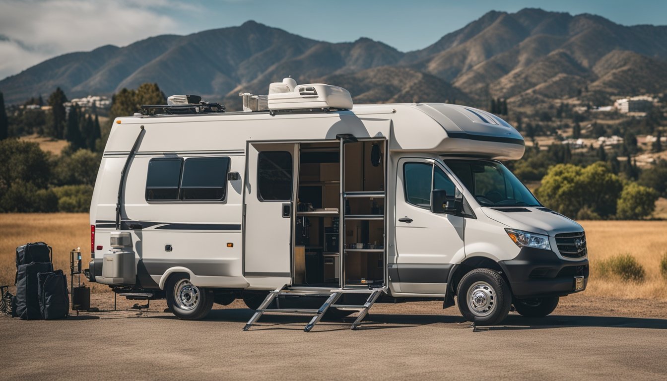 A mobile RV repair van parked in front of a scenic San Jose, CA landscape, with tools and equipment laid out for servicing