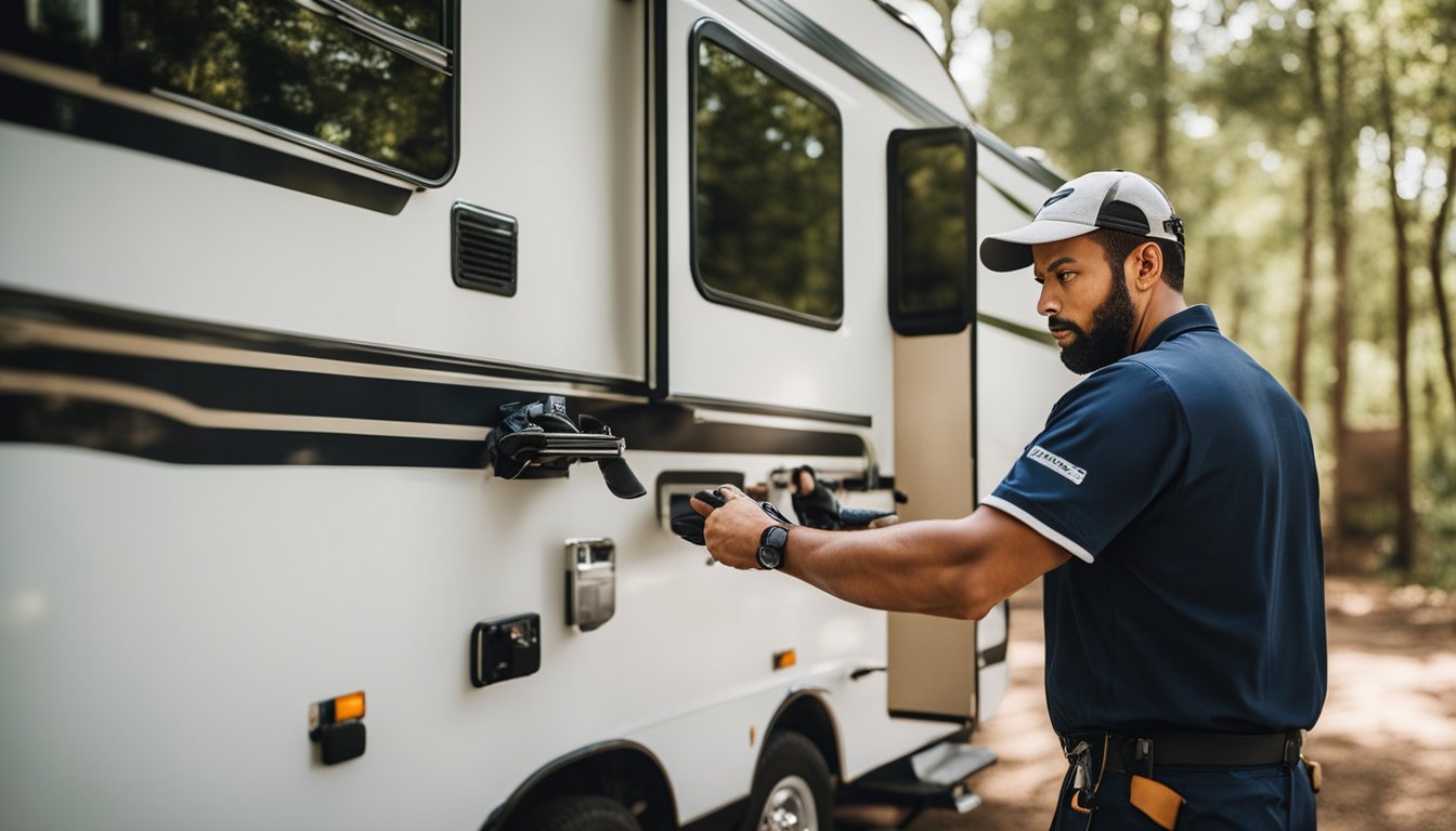 A mobile RV repair technician working on a motorhome in a Dallas, TX campground