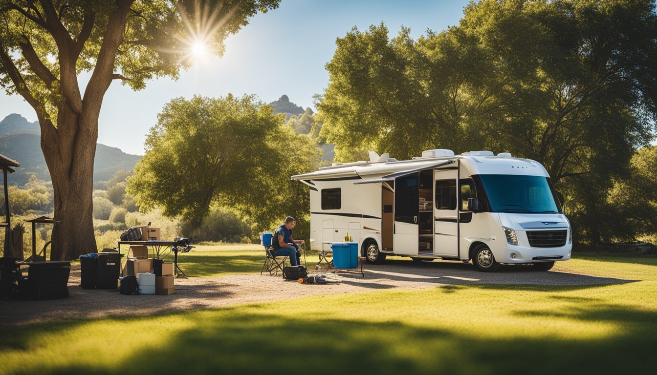 A mobile RV repair van parked at a campsite, with a technician working on a motorhome under a shady tree. Sunshine and blue skies in the background