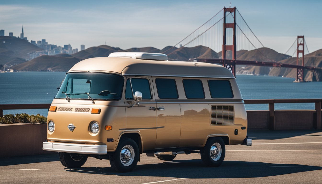 A mobile RV repair van parked in front of the San Francisco skyline, with the Golden Gate Bridge in the background