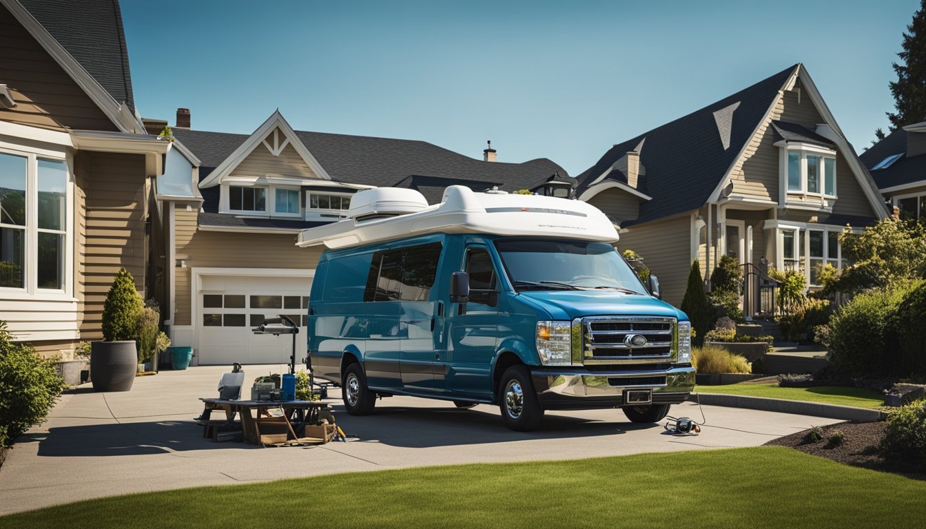 A mobile RV repair van parked in front of a Seattle home, with a technician working on the vehicle under a clear blue sky