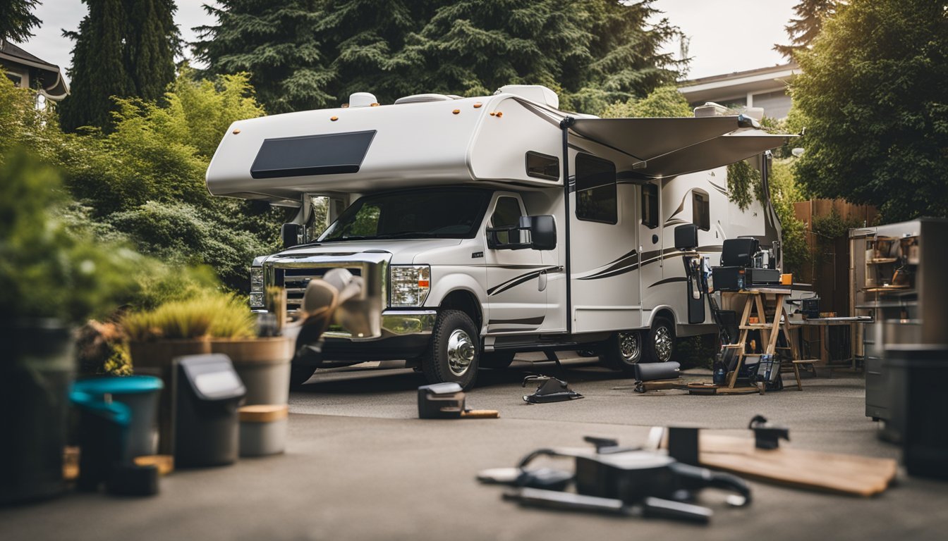 An RV parked in a Seattle neighborhood with a repair technician working on the exterior, surrounded by various tools and equipment