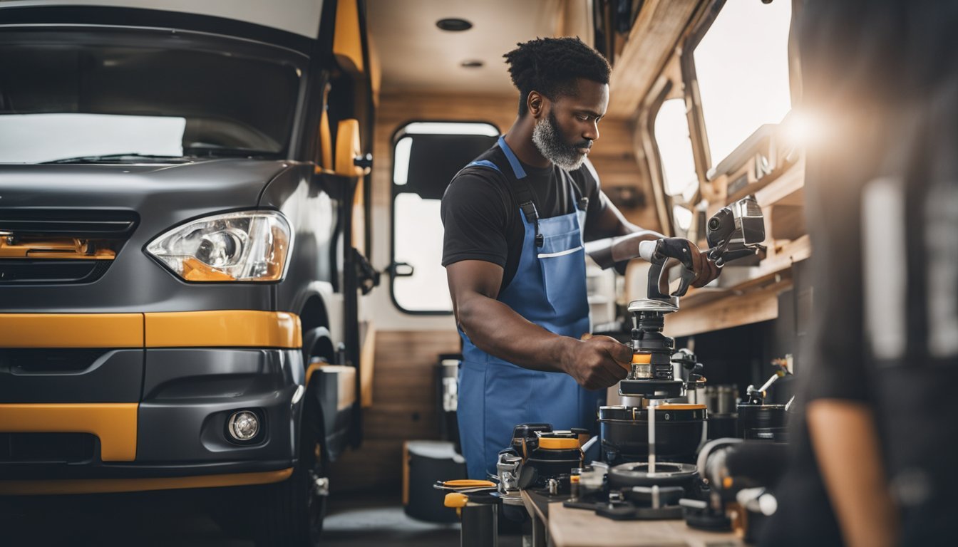 A mobile RV repair technician working on a motorhome in Detroit, MI, surrounded by tools and equipment