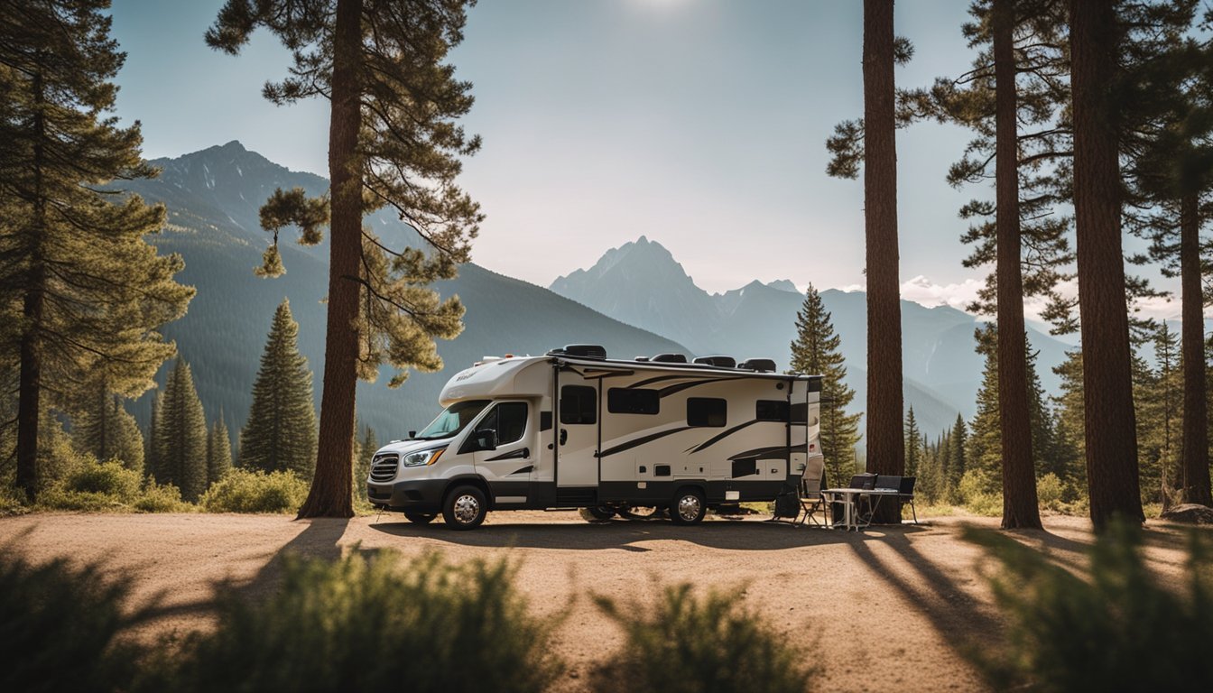 An RV parked in a scenic campground, surrounded by trees and mountains, with a technician working on the vehicle's exterior