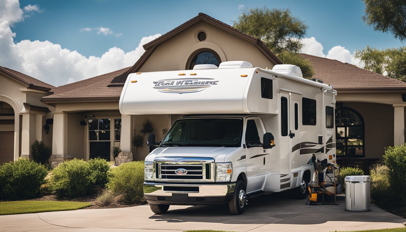 A mobile RV repair van parked in front of a San Antonio home, with technicians working on a motorhome under a bright Texas sky