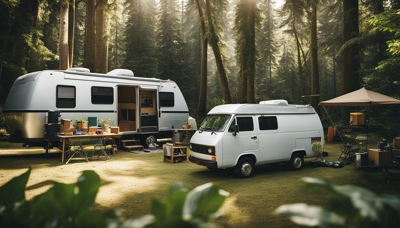 A mobile RV repair van parked at a campsite, surrounded by lush greenery and other RVs. The technician is seen working on the vehicle, with tools and equipment scattered around