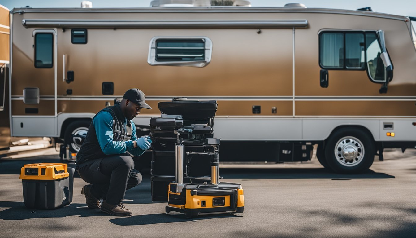 A mobile RV repair technician working on a vehicle in Baltimore, Maryland