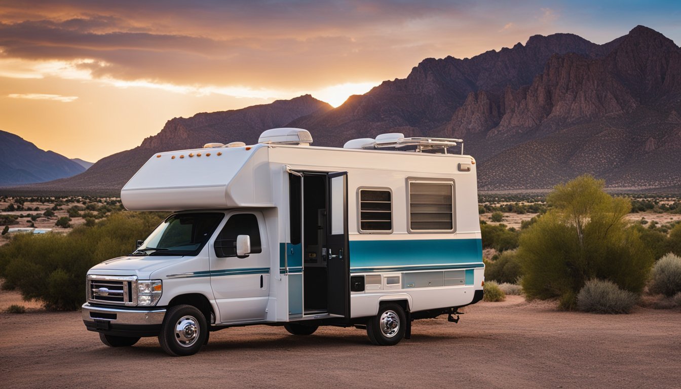 A mobile RV repair van parked in front of a scenic Albuquerque landscape, with the mountains in the background and the sun setting in the distance