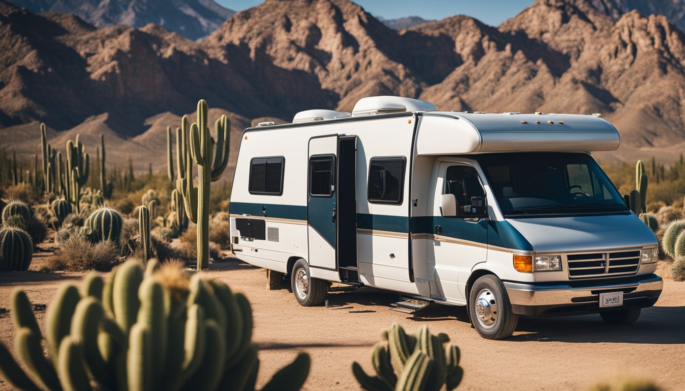 A mobile RV repair van parked in a scenic desert landscape, surrounded by cacti and mountains in the background