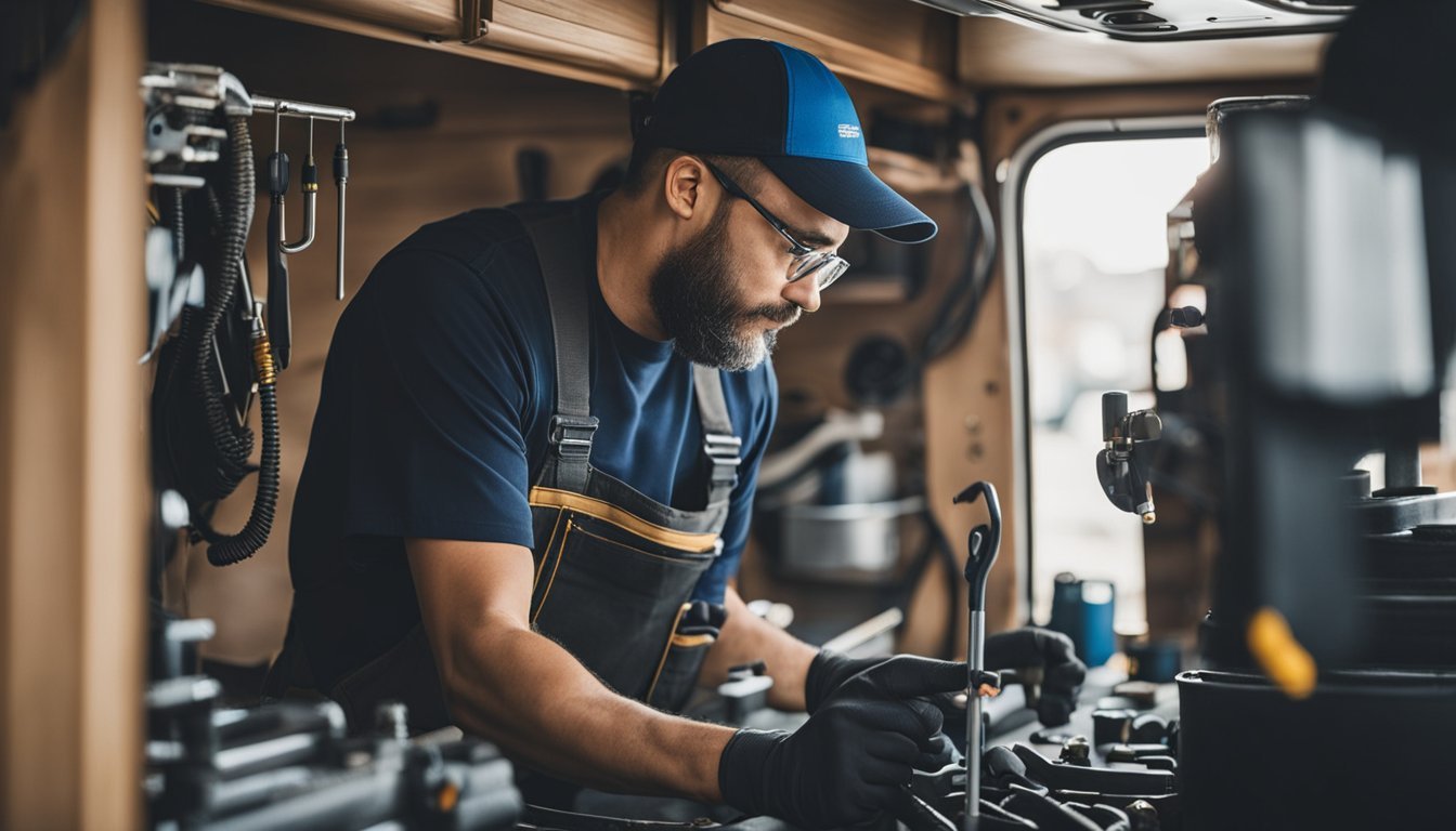 A mobile RV repair technician working on a vehicle in Sacramento, CA, surrounded by tools and equipment