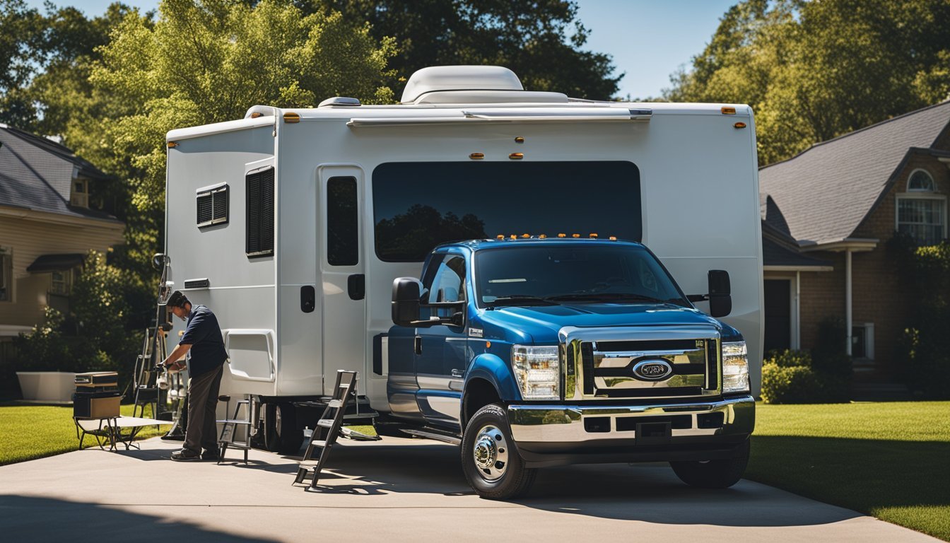 A mobile RV repair truck parked outside a suburban Atlanta home, with a mechanic working on the vehicle under a clear blue sky