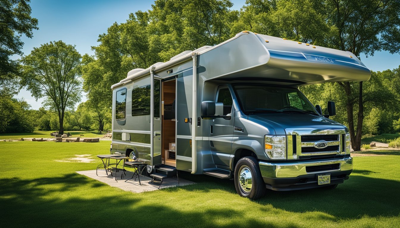 A mobile RV repair van parked at a scenic campsite, surrounded by lush greenery and a clear blue sky in Kansas City, MO