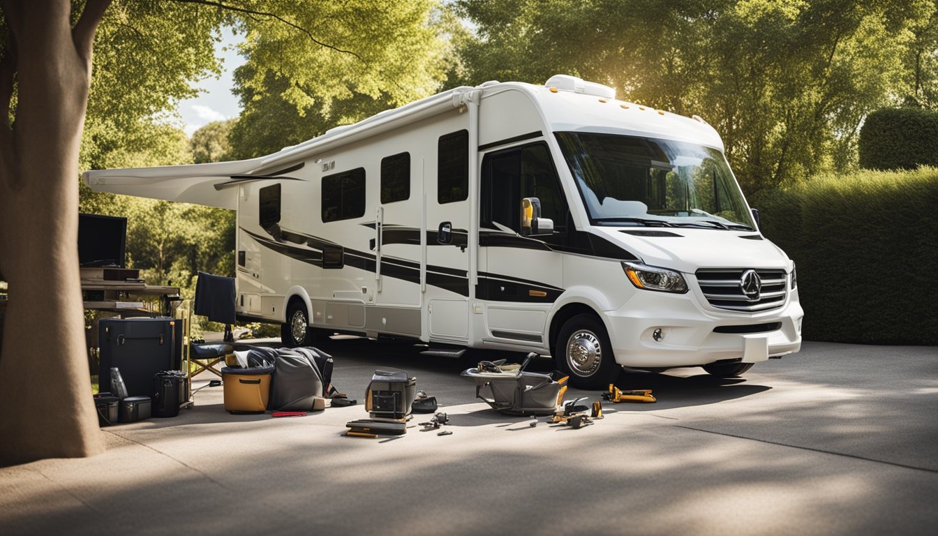 An RV parked in a residential driveway with a repair technician working on the exterior. Tools and equipment are scattered around the vehicle