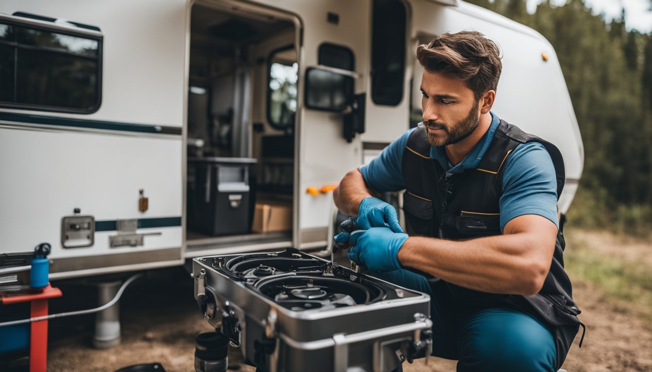 An RV repair technician working on a mobile unit in a scenic outdoor location