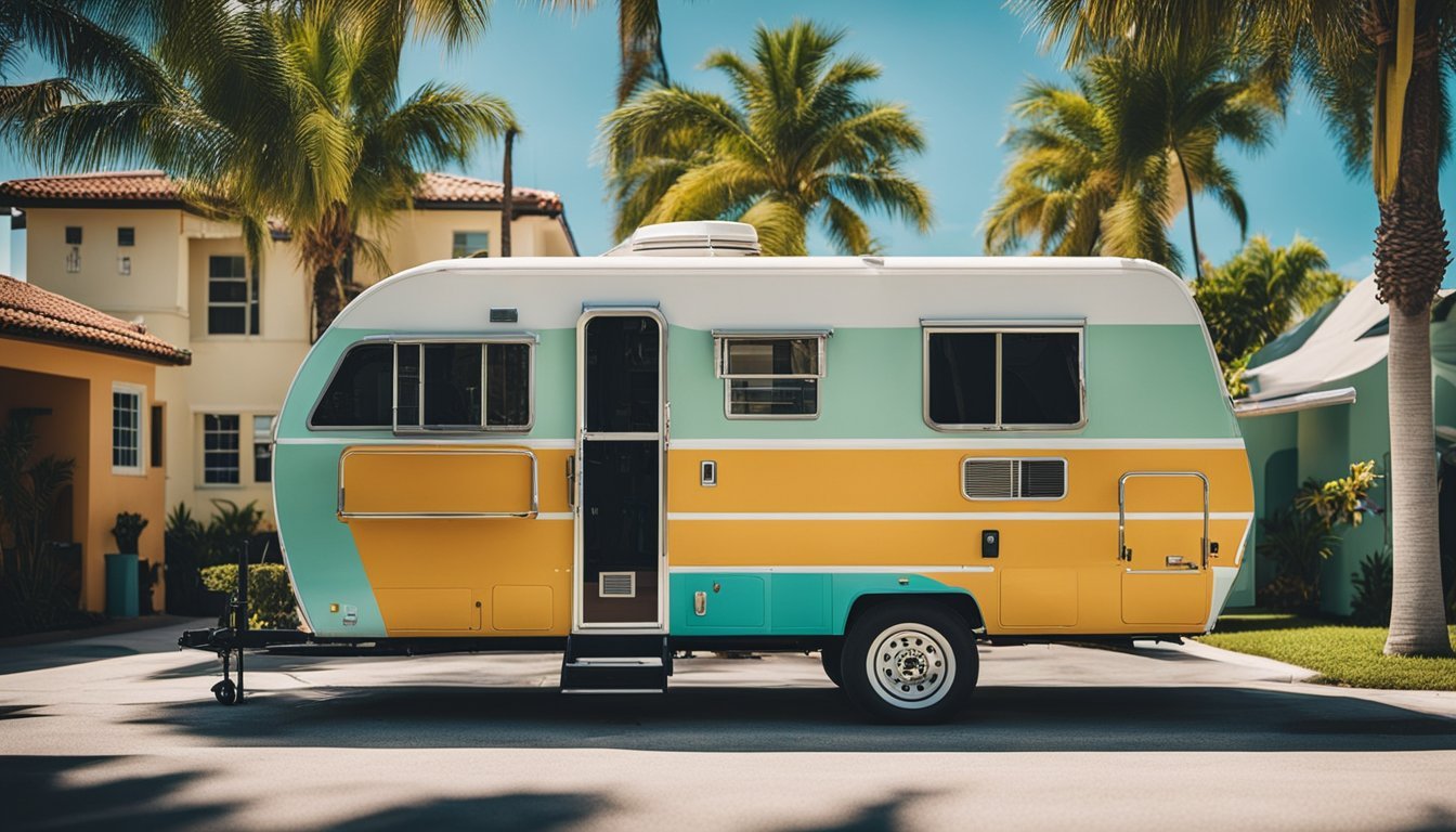 A mobile RV repair van parked in a sunny Miami, FL neighborhood, surrounded by palm trees and colorful houses