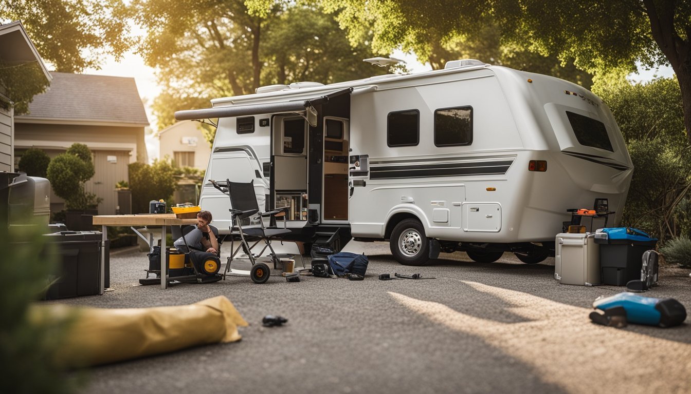 An RV parked in a residential driveway with a repair technician working on the exterior. Nearby, a toolbox and various spare parts are scattered on the ground