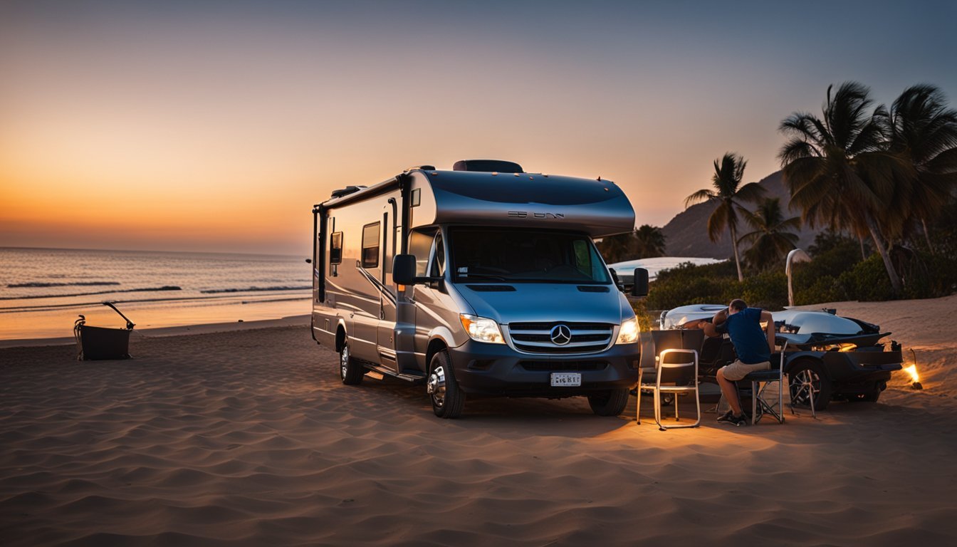 An RV parked on the beach, with a repair technician working on the vehicle's exterior. The sun is setting, casting a warm glow over the scene