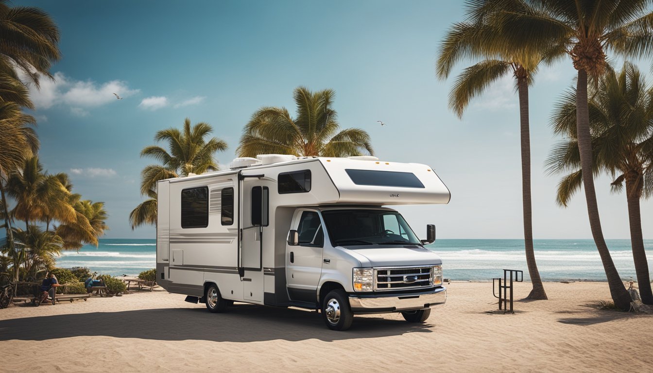 A mobile RV repair truck parked on a beach with the ocean in the background, surrounded by palm trees and seagulls flying overhead