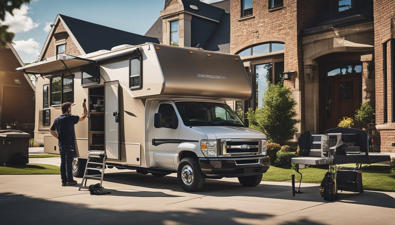 A mobile RV repair service van parked outside a Chicago home, with a technician working on the vehicle under a sunny sky