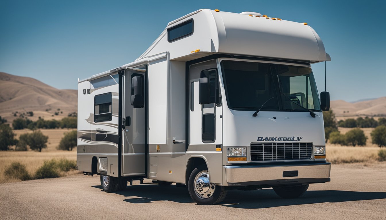 A mobile RV repair truck parked in a scenic Bakersfield, CA location, surrounded by rolling hills and clear blue skies