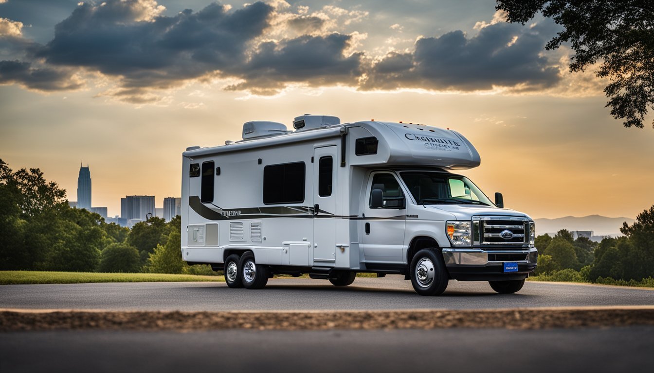 A mobile RV repair van parked in front of a picturesque Charlotte, NC landscape, with tools and equipment laid out ready for use