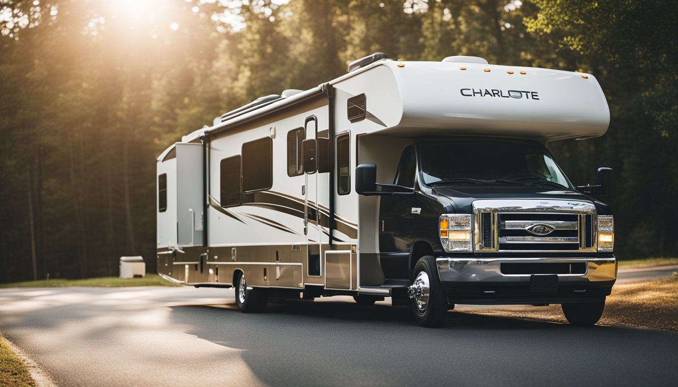 An RV parked on the side of a road in Charlotte, NC with a mechanic working on the engine