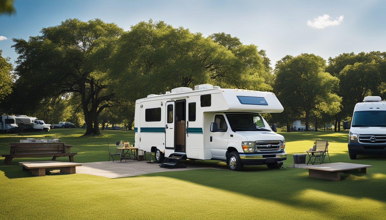 A mobile RV repair van parked at a scenic campsite with lush greenery and a clear blue sky in Arlington, TX
