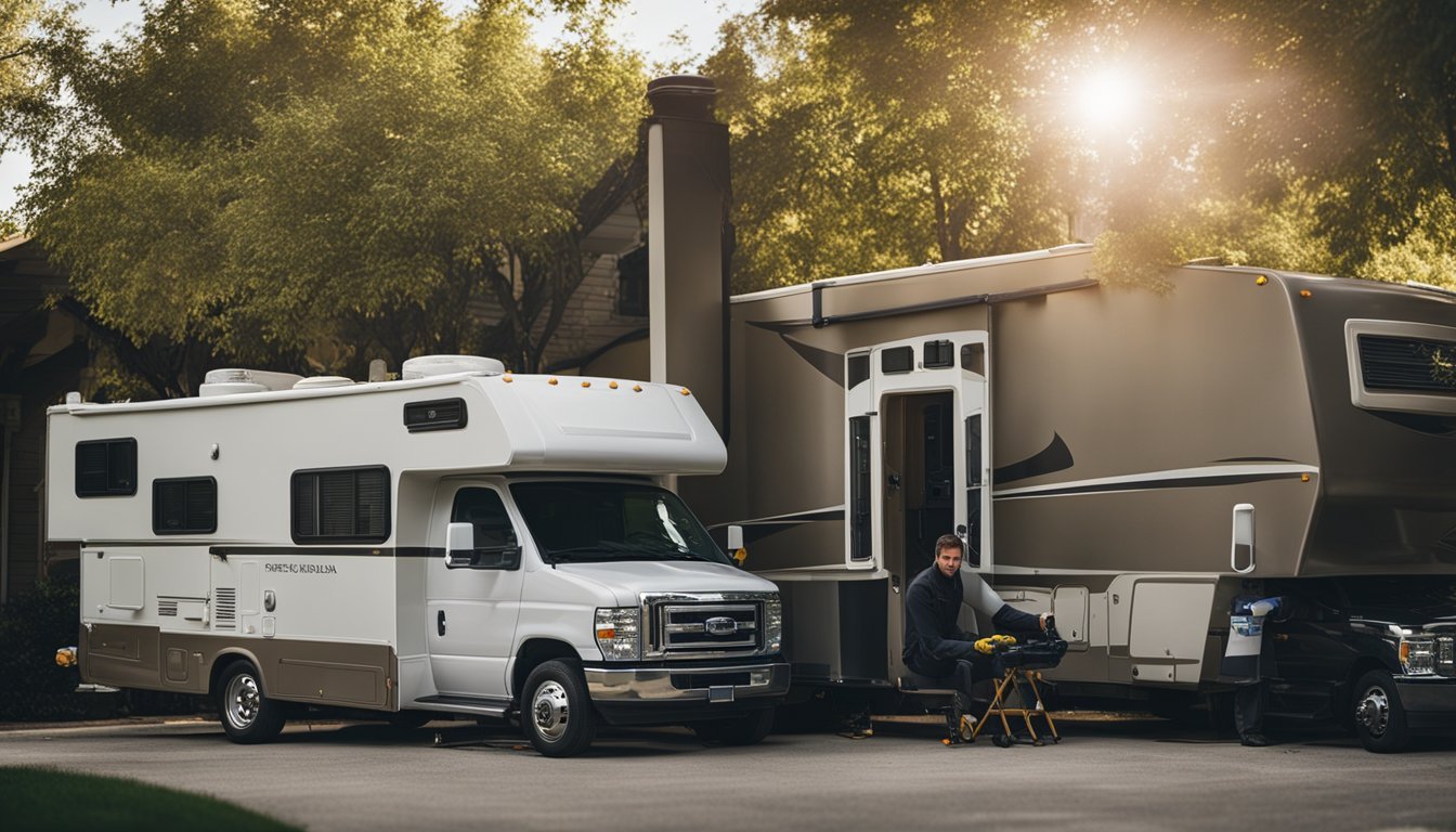 An RV parked in a residential neighborhood, with a repair technician working on the vehicle's exterior. Nearby, a toolbox and various repair equipment are scattered on the ground